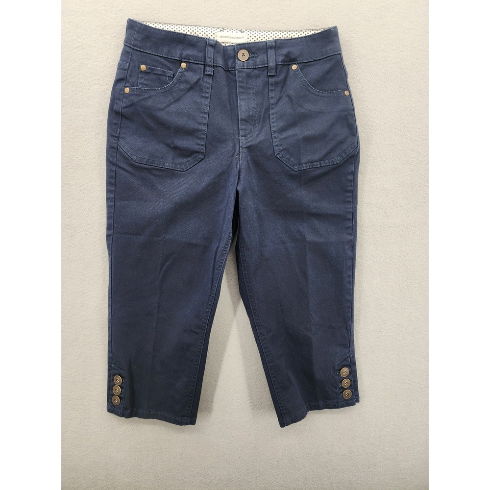 Christopher & Banks Navy Blue Capri Pants 4 Stretch Cotton Button Hem Cropped